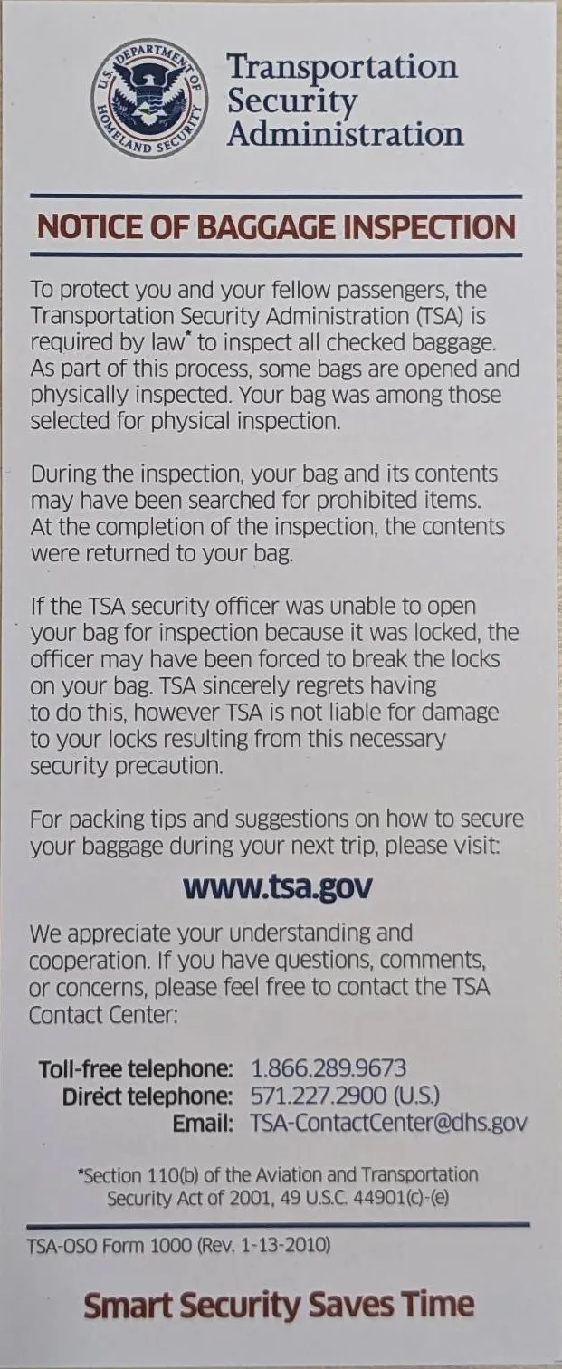 TSA NOTICE OF BAG